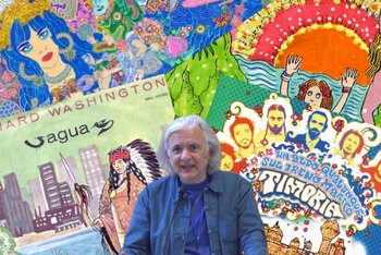 Matteo Guarnaccia con alcune delle sue copertine