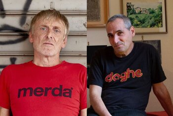 Giorgio Canali in maglia "Merda" e Edda in maglia "Daghe"